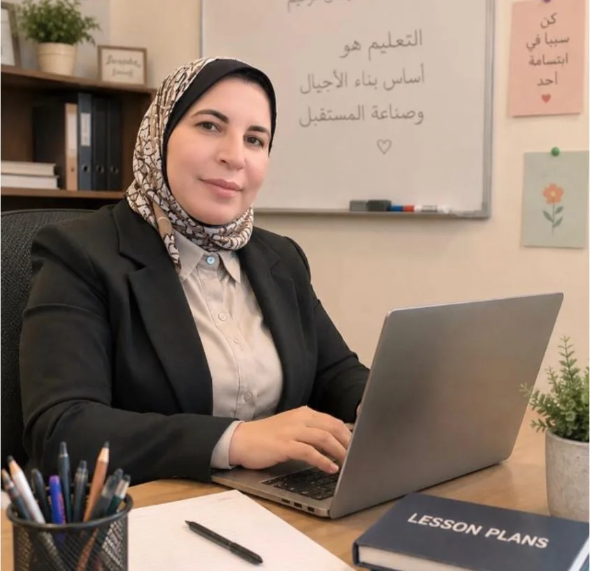 معلمة لغة عربية تشرح الدرس أمام حاسوبها